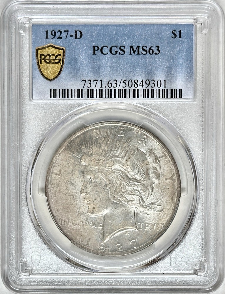 1927 D PEACE SILVER DOLLAR PCGS MS63 GOLD SHIELD LABEL