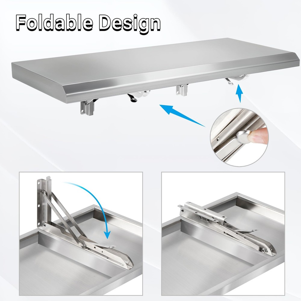 Folding Concession Shelf 24" x 12", Stainless Steel Drop Down Folding Serving...