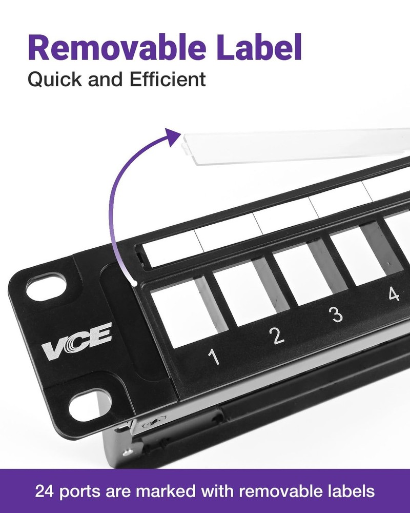 VCE 24 Port Patch Panel, 1U Blank Cat6 Rackmount Panel for RJ45, HDMI, Coax, ...