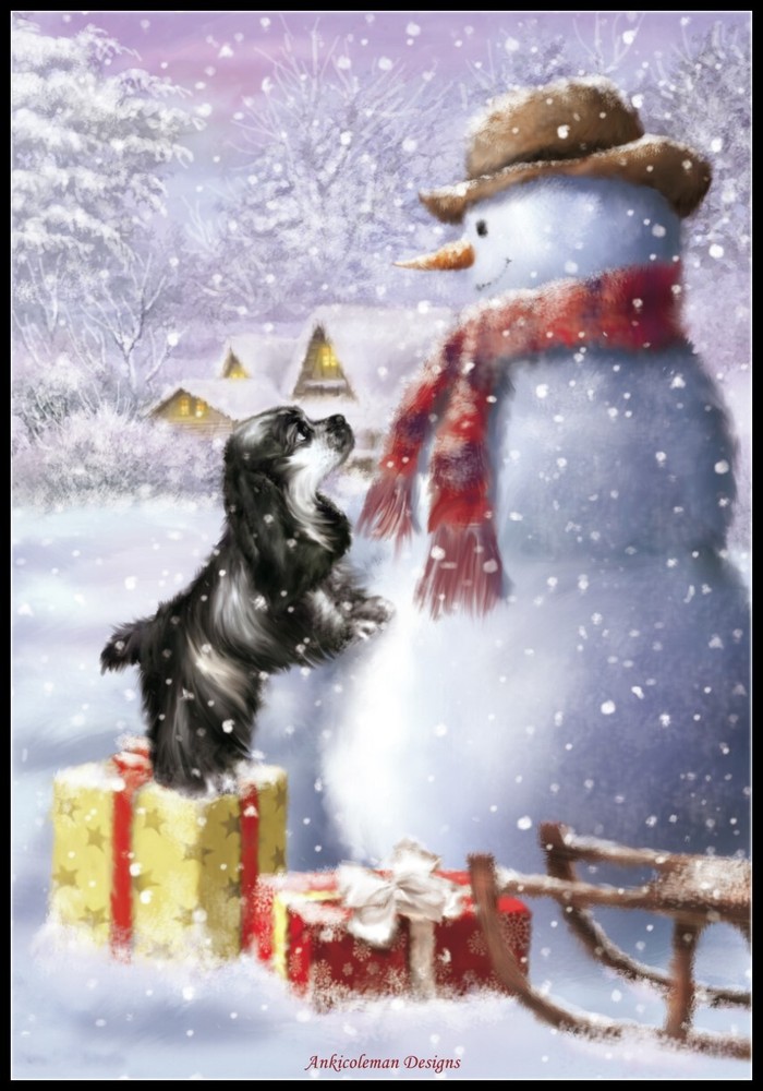 Pup with Snowman - Chart Counted Cross Stitch Patterns Needlework DMC Color