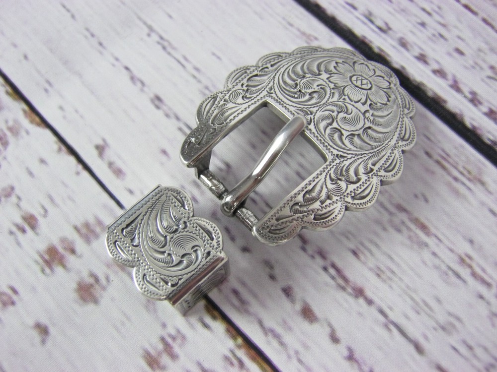 2 Piece Silver Engraved Buckle Set Loop 3/4"