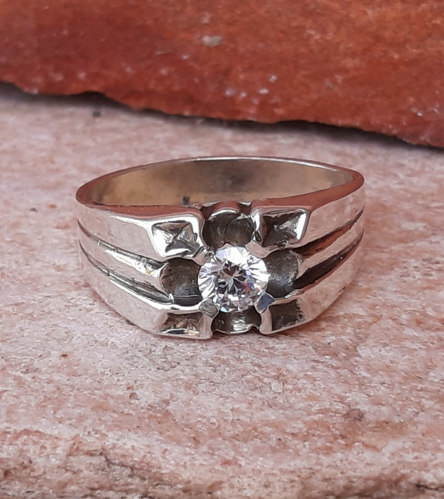 MENS 925 Silver Solitaire CZ Brilliant Cut Ring