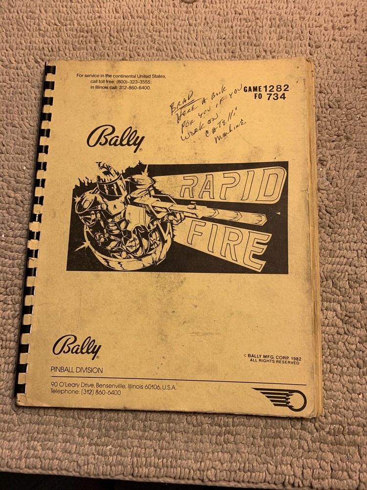 Missing Back Cover original Rapid Fire Bally pinball MACHINE manual