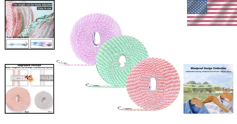 Clothesline,3 Pack Clotheslines for Outside, Adjustable Clothes Line，Windproof C