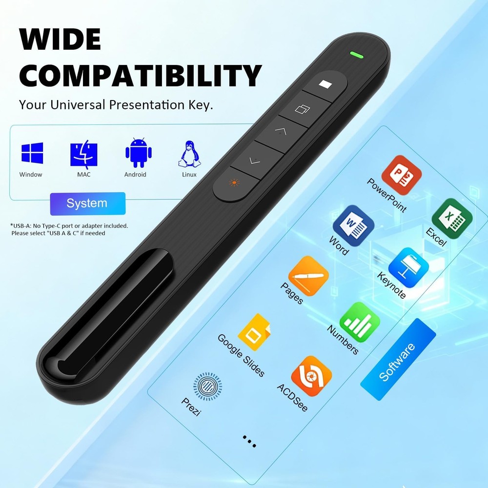 Presentation Clicker with Red Pointer Beam, 328ft Long-Range Wireless Present...