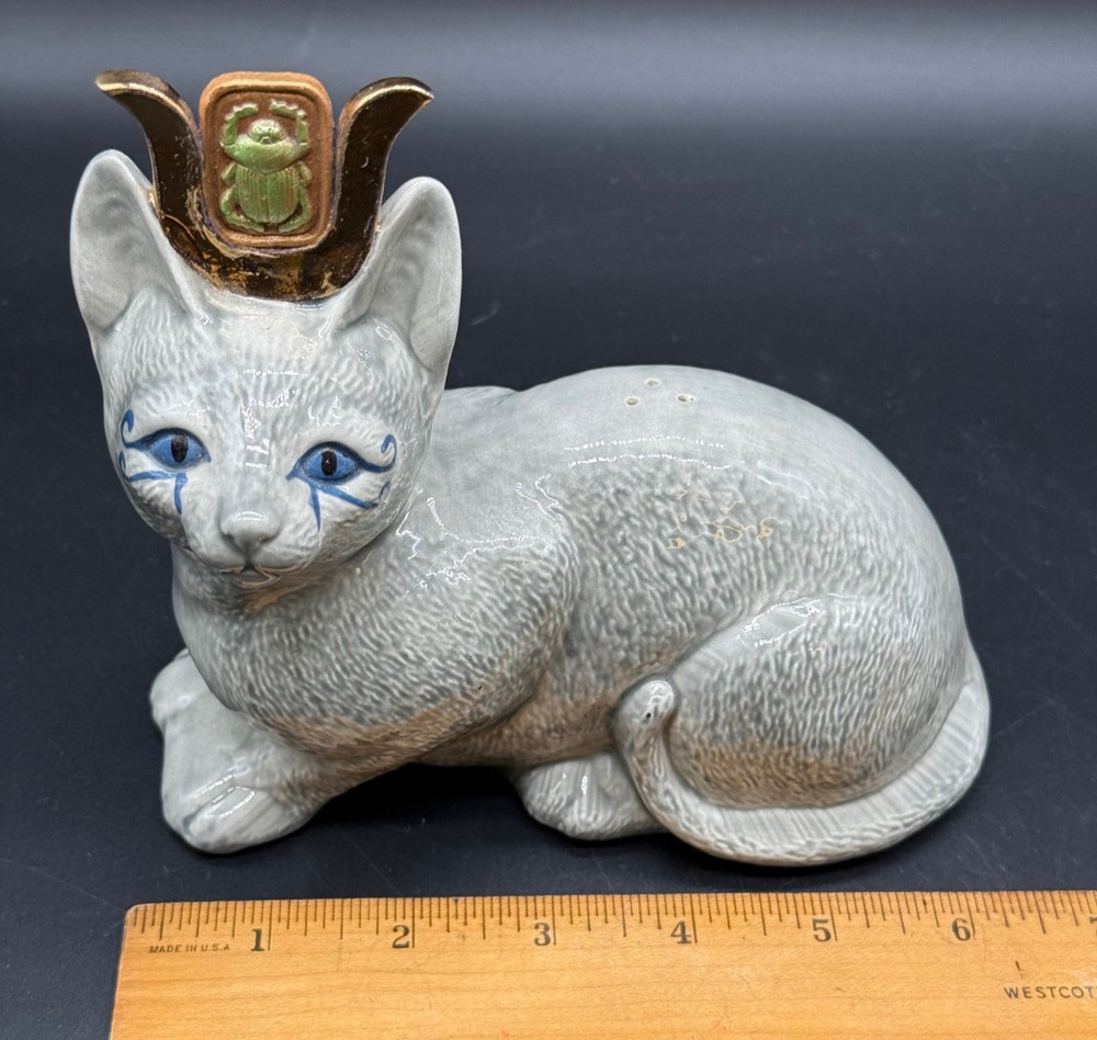 Egyptian Style Cat Lying Down Ceramic Statue Scarab Beetle on Crown