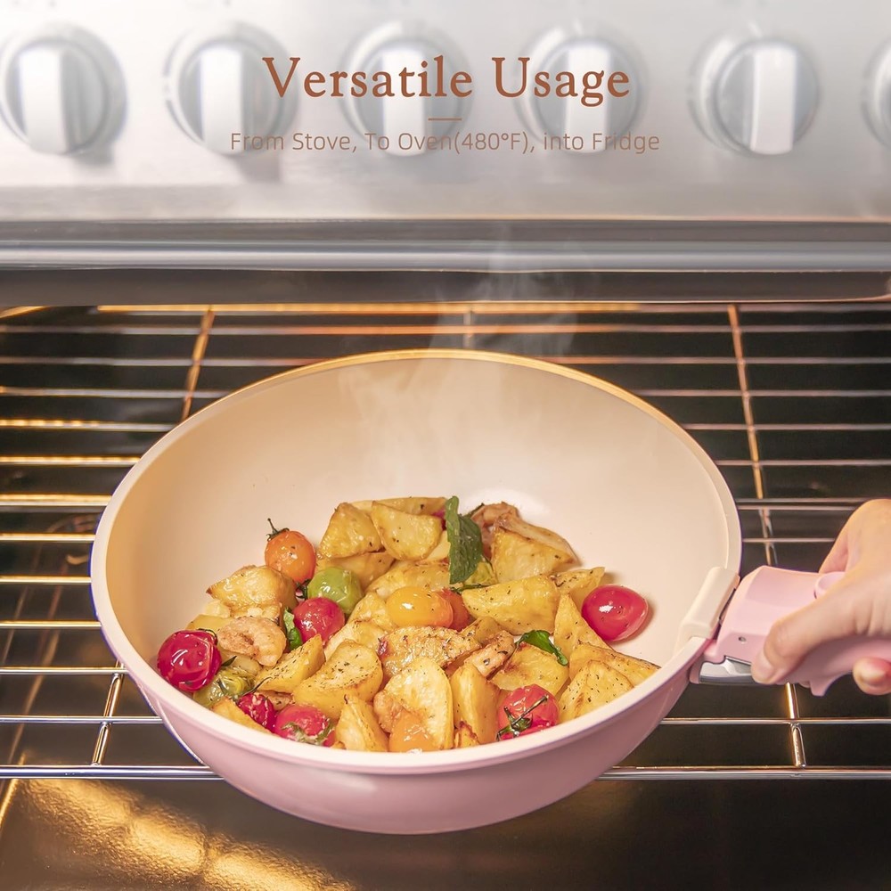 21Pc Nonstick Ceramic Cookware Set – Detachable Handle Stackable Pink