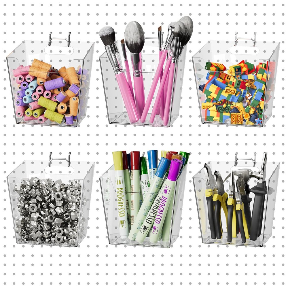 Large Pegboard Cups Peg Board Storage Bin 6 Pack with Hooks, Square Box Shape...