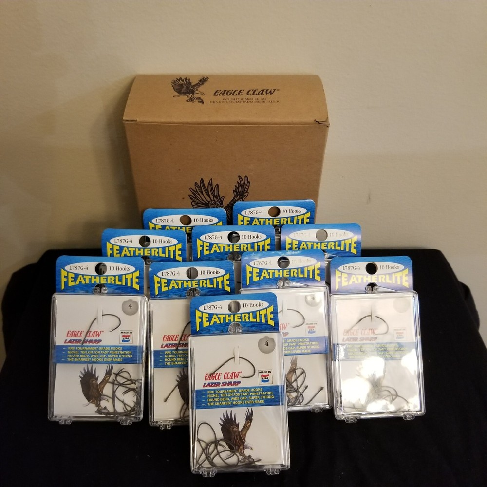 VINTAGE PACKAGING EAGLE CLAW L787G SIZE 4 FEATHERLITE LAZER SHARP HOOKS 10PK BOX