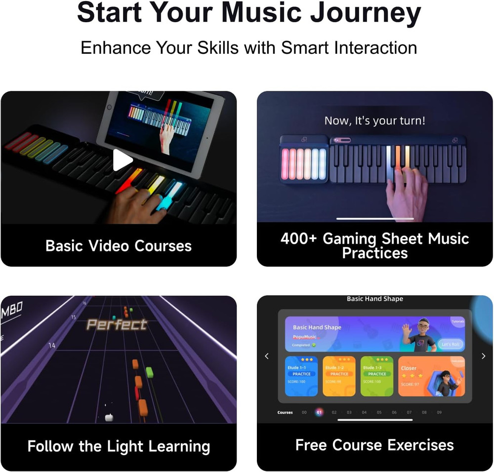 Interactive Smart Piano Keyboard with Rainbow Lights & 256 Tones