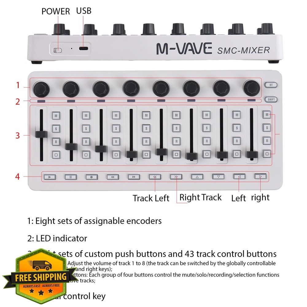 summina MIDI Controller Mixer 43 Buttons 8 Knobs BT USB