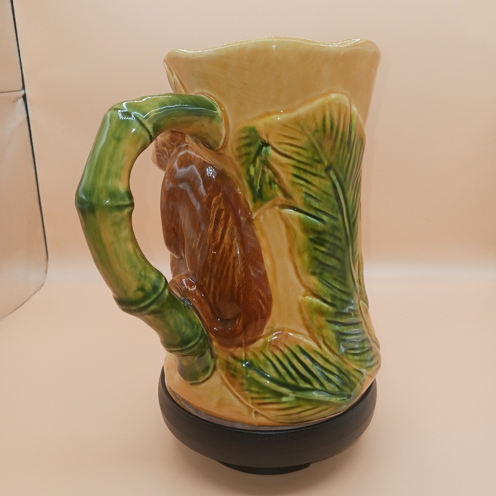 Vtg Ceramic Monkey Pitcher Bamboo Handle Tropical Jungle Palm Leaf Decor Maxcera
