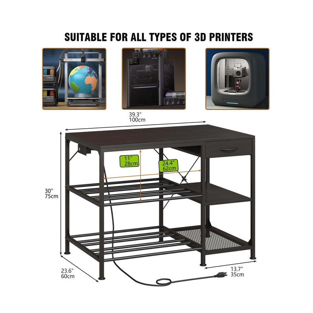 3D Printer Table with Filament Storage, 3-Tier 3D Printer Stand with Power Ou...