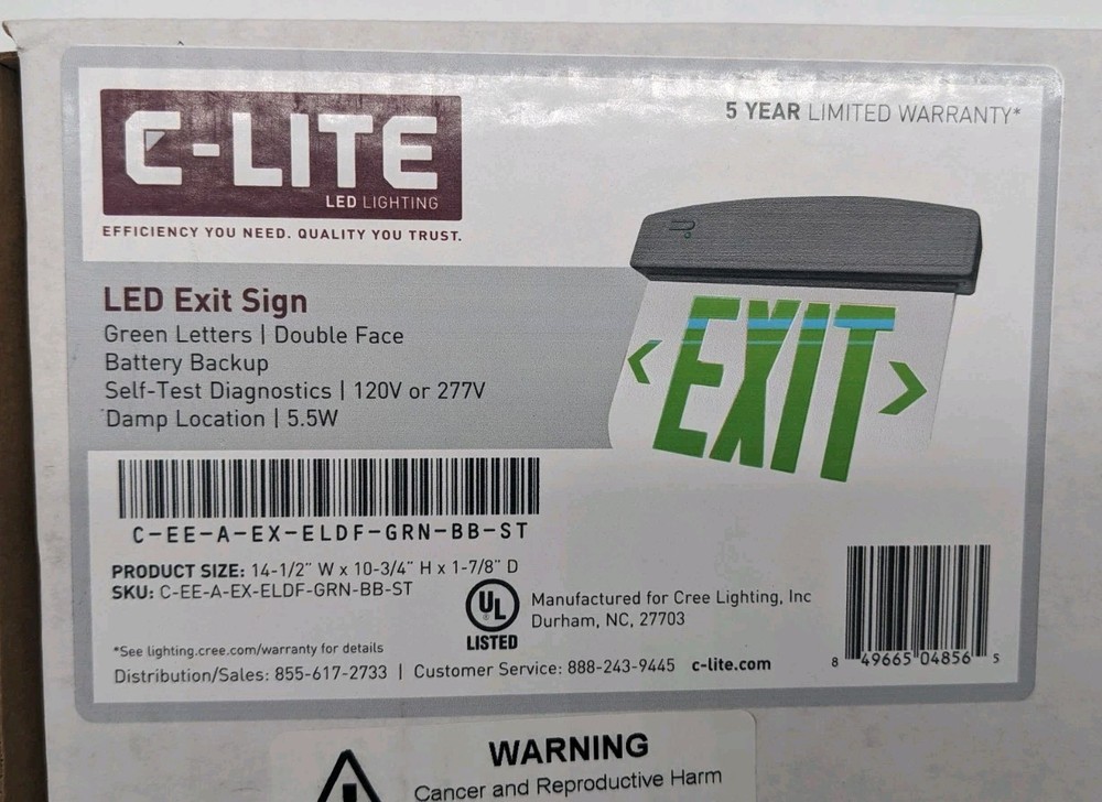 CREE Lighting C-LITE C-EE-A-EX-ELDF-GRN-BB-ST 13" LED Lighted Exit Sign - Clear