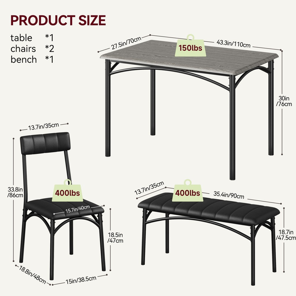 Dining Table Set for 4, Wood Kitchen Table with Upholstered Chairs and Bench