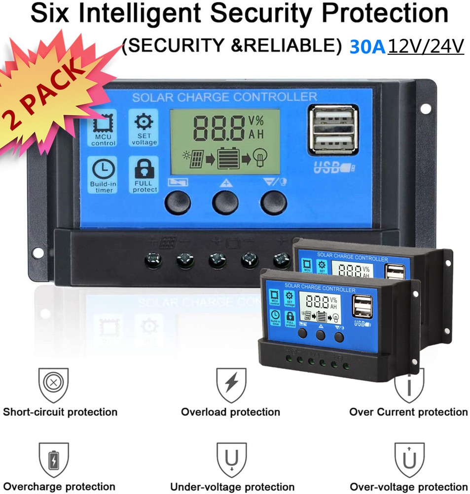 2 Packs Solar Panel Battery Charge Controller 30A 12V/24V LCD Dual USB Regulator