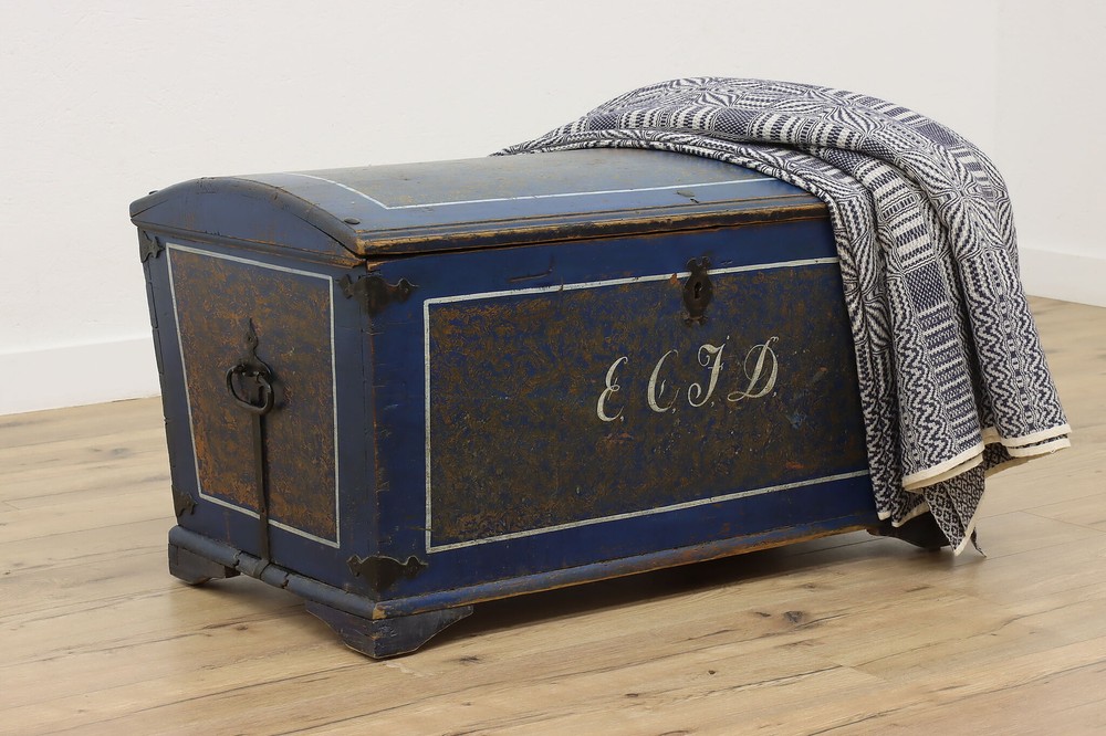 Norwegian Antique 1850s Painted Blue Immigrant Trunk #51748