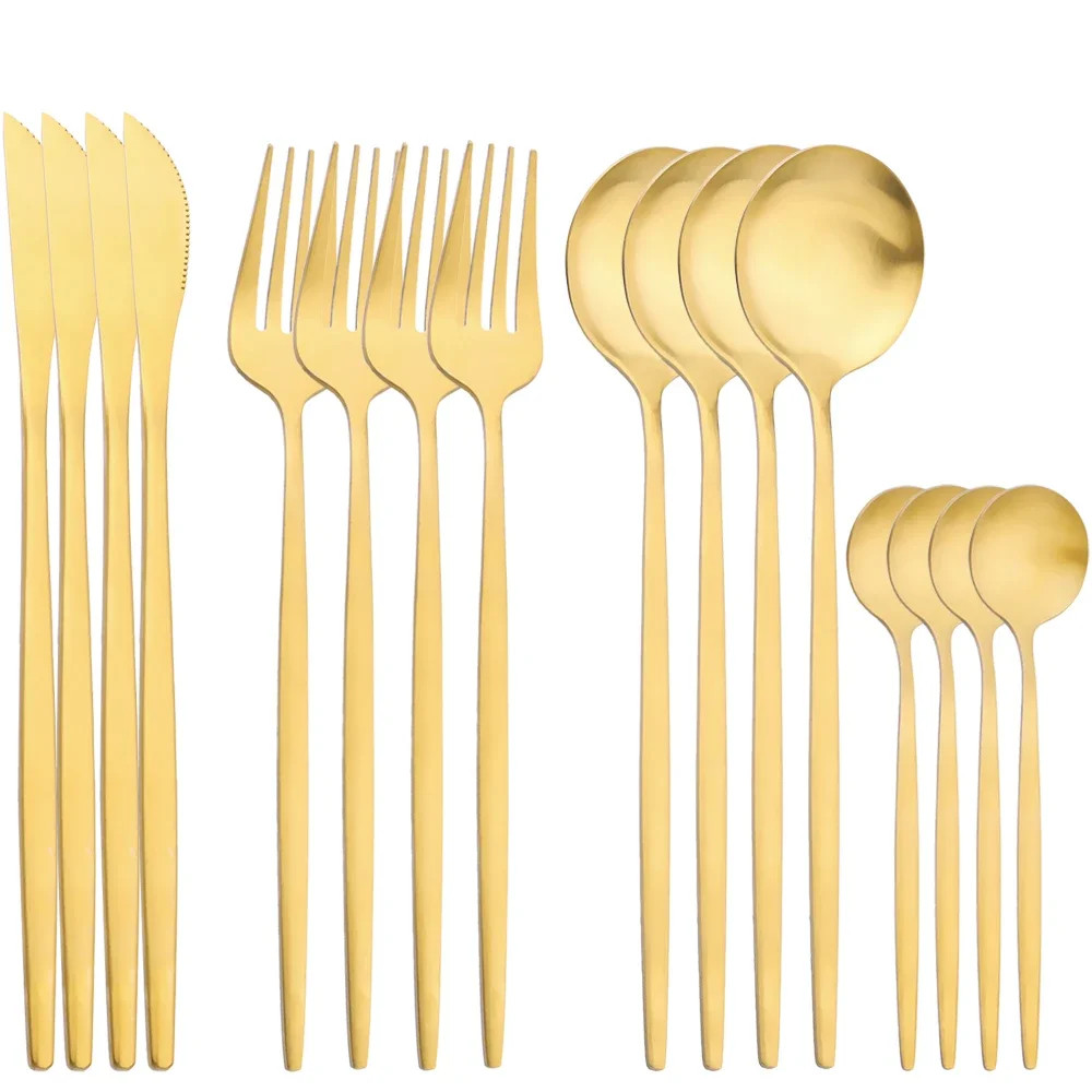 16Pcs Gold Cutlery Set Knife Fork Spoon Dinnerware Matte Tableware Set