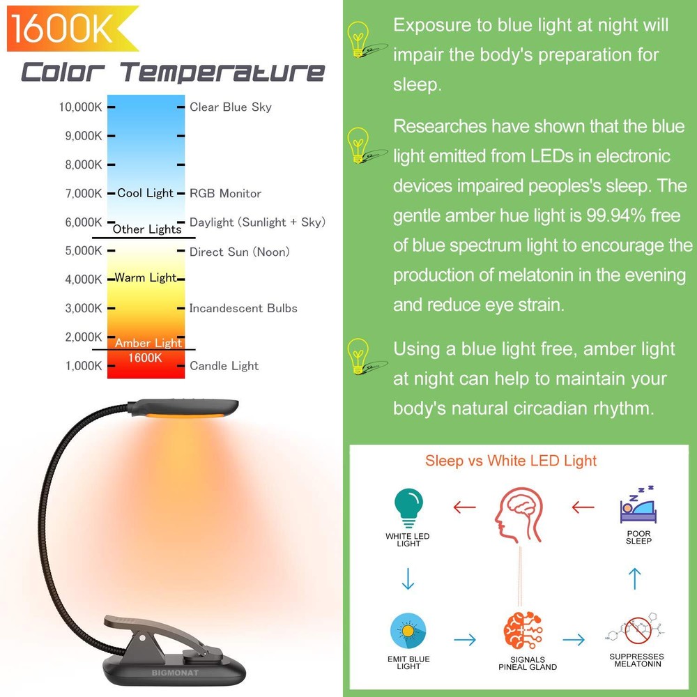 Rechargeable Book Reading Light Amber LED USB Bendable Neck Adjustable Black