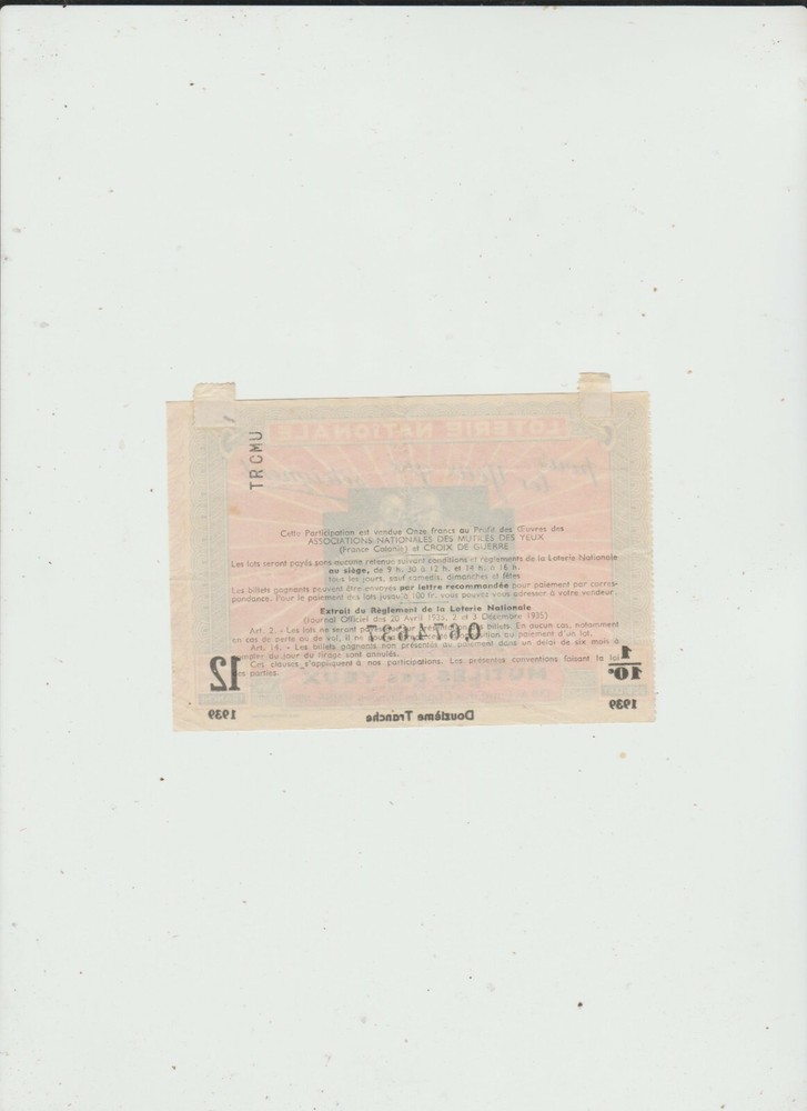 FRANCE LOTTERY TICKET 1939
