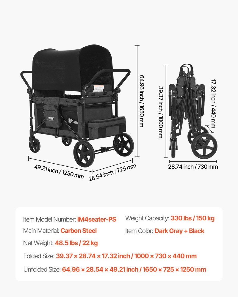 VEVOR Wagon Stroller 4 Kids Push Pull Quad Collapsible Stroller 330LBS Capacity