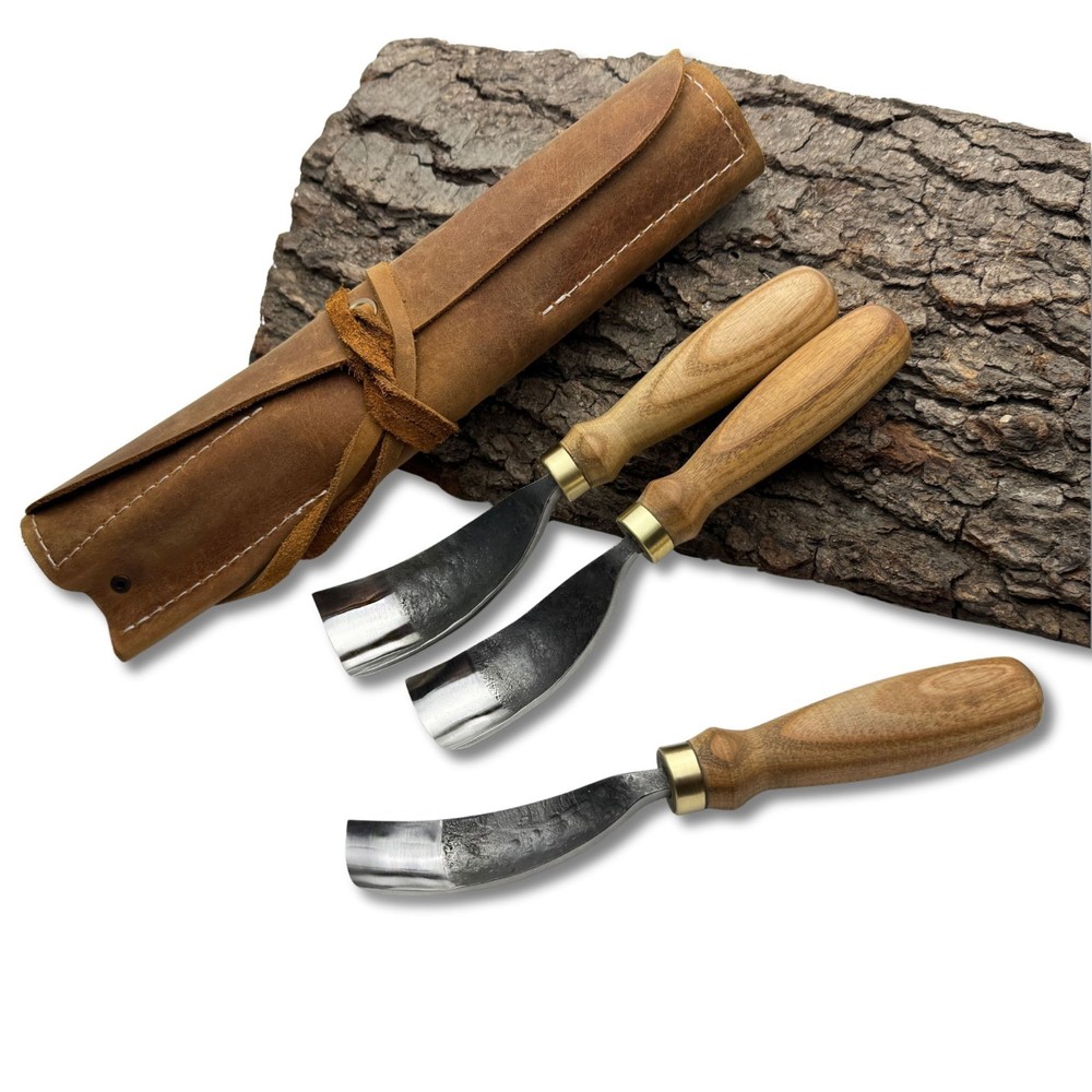 Hand-Forged Bent Gouges – 52100 Steel Blade, Ash Handles, Spoon and Bowl Carving