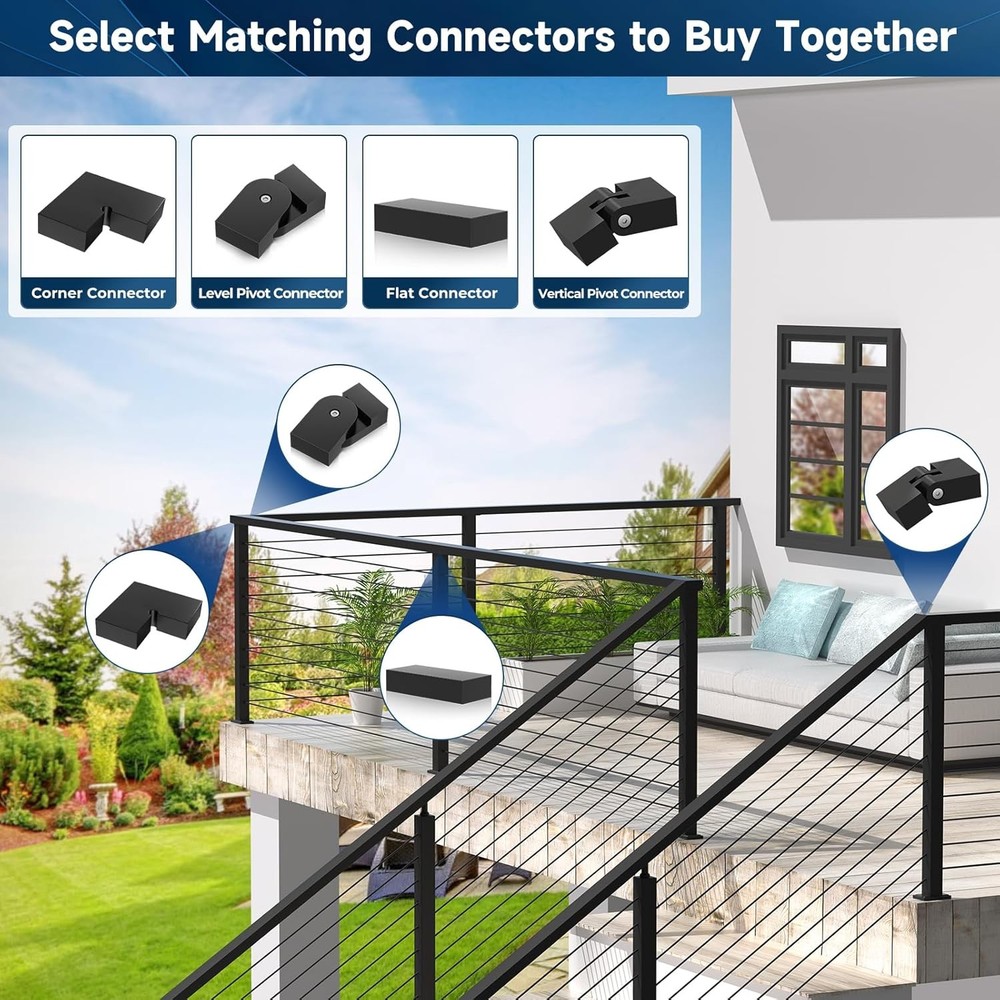 8FT Stainless Steel T304 Black Handrail, 2 Pack Rectangular Cuttable Handrail