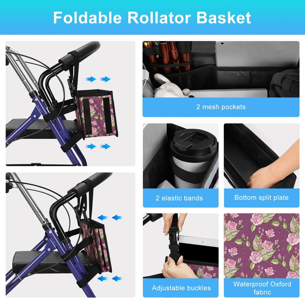 Rollator Basket, Rollator Walker Bag W/Cup Holder, Foldable Rolling Walker Wate