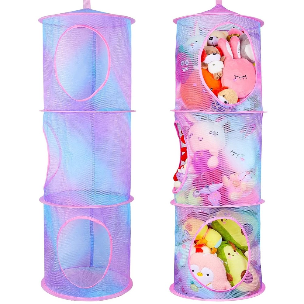 2 Pack Stuffed Animal Storage Mesh Foldable Organizer Net with 3 Compartments