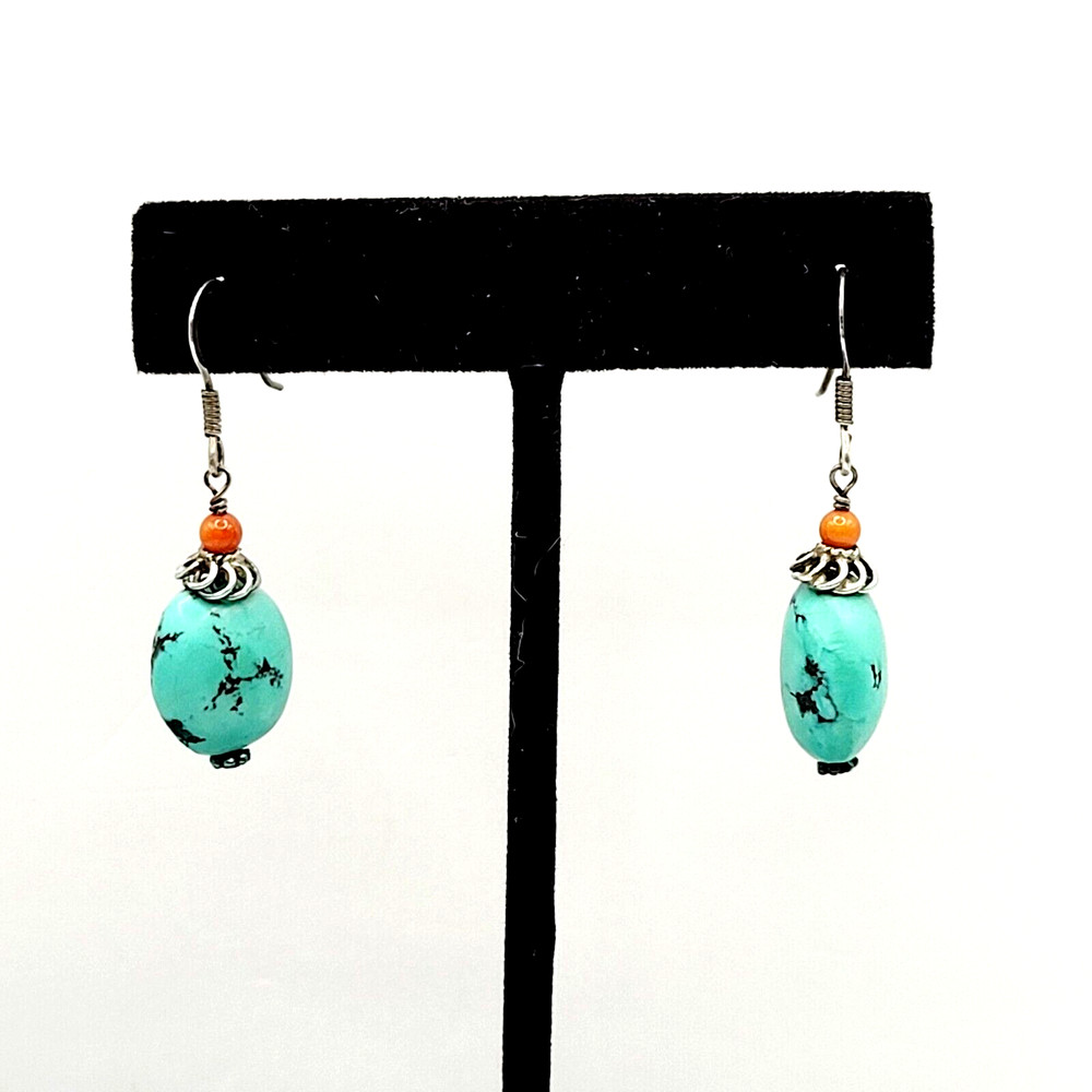 Turquoise Drop Dangle Pierced Hook 925 Sterling Silver Earrings Thailand