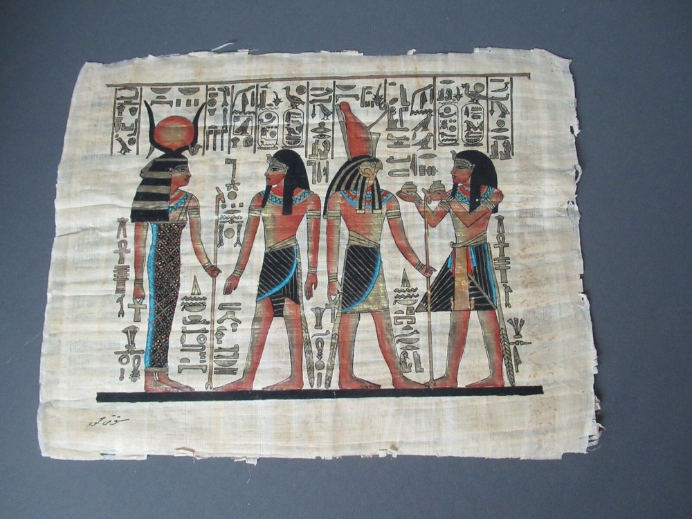 Egyptian Hand Made Design - 4 Figures & Hieroglyphs on Papyrus - Signed -  174