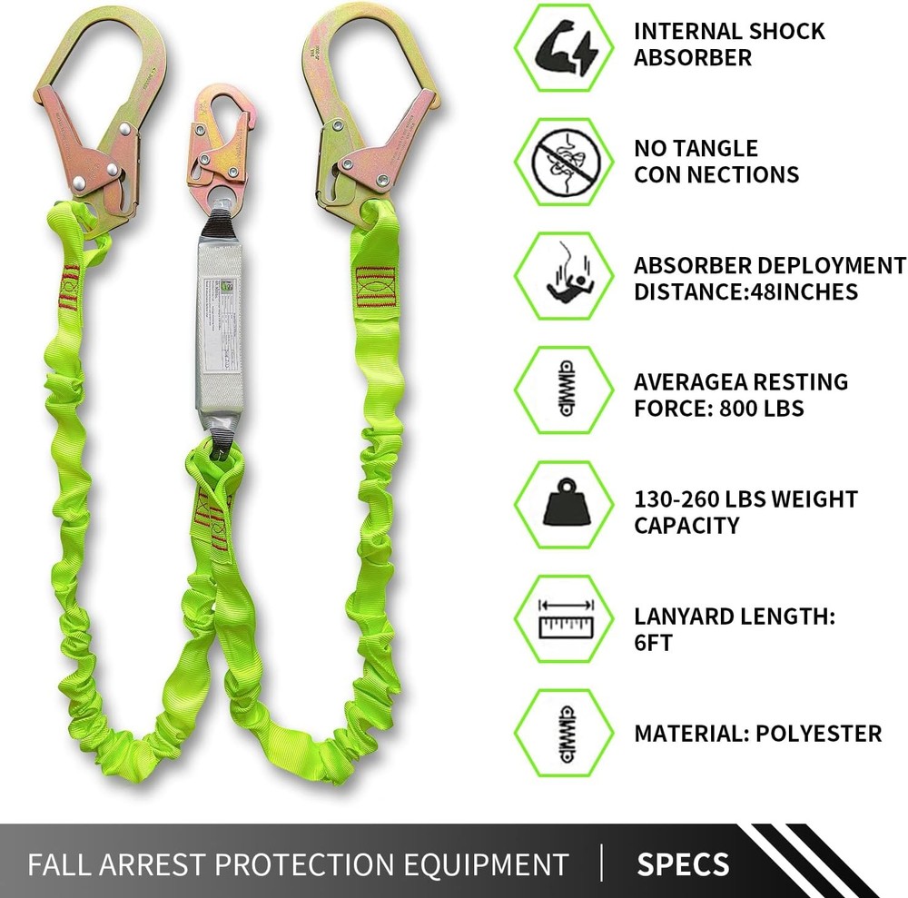 6FT Double Leg Internal Shock Absorbing Safety Fall Protection Large, green