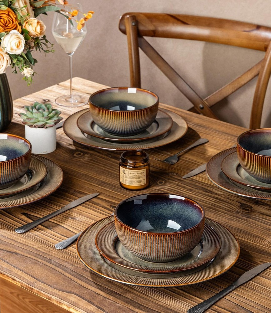 12-Piece Stoneware Dinnerware Set for 4 - Scratch Resistant, Mocha