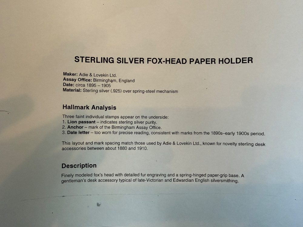 Silver Plated Fox- Head Paper Holder