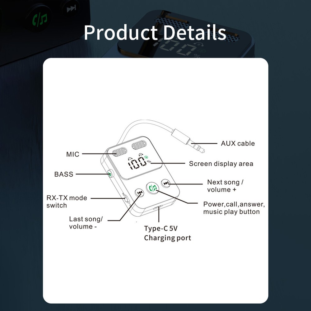 Bluetooth 5.3 Transmitter Receiver 2 IN 1 Wireless Audio 3.5mm Jack Aux Adapter