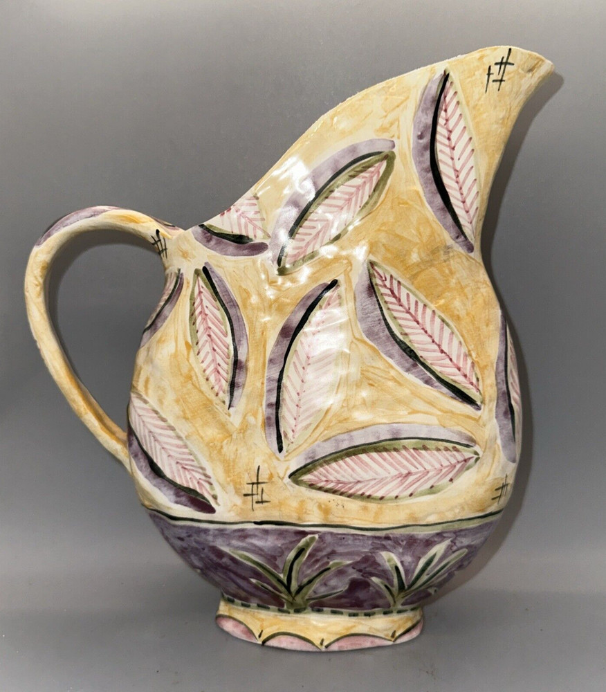 VINTAGE MCM SIGNED ITALIAN? HAND PAINTED POTTERY PITCHER LEAF PATTERN