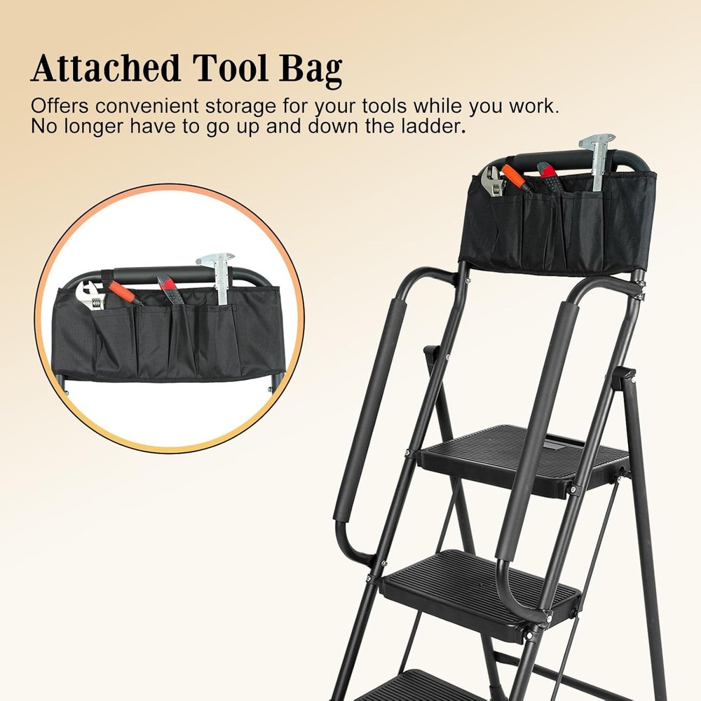 3 Step stool Ladder with Handrails 500 lbs folding Attachable Tool Black