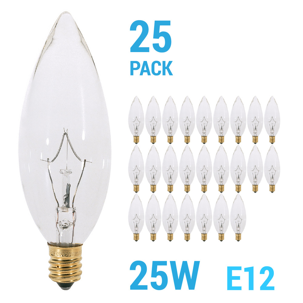 25 Pack 25CTC Chandelier 25W Bulb 120V B10 Straight Torpedo Candelabra E12 Clear
