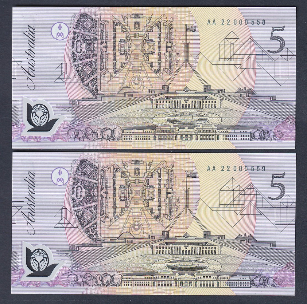 R-214. (1992) Fraser/Cole - $5. Prefix AA22 - with Overprint.  UNC - Consec Pair