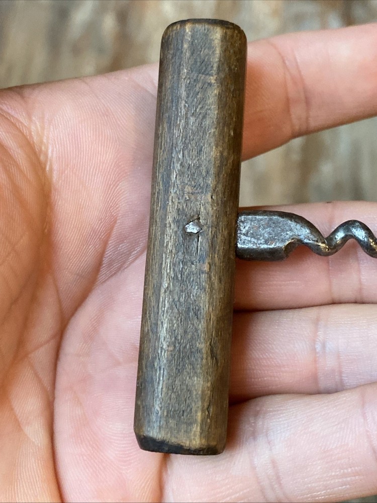 Small 19th Century Primitive Wooden Handle Direct Pull Corkscrew Antique 1800s