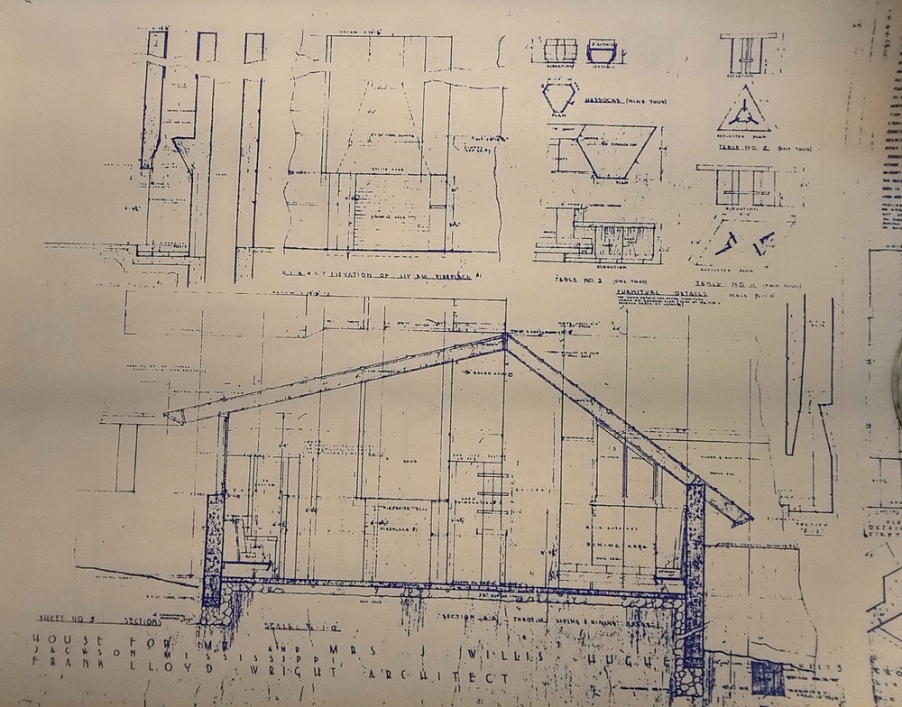 FRANK LLOYD WRIGHT: BLUELINE BUILDING PLANS FOR THE J. WILLIS HUGES RESIDENCE.