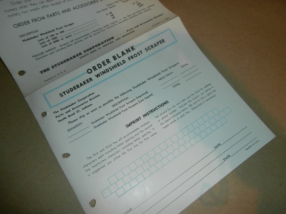 1949 Studebaker Dealer Pamphlet Brochure Order Form Windshield Frost Scraper