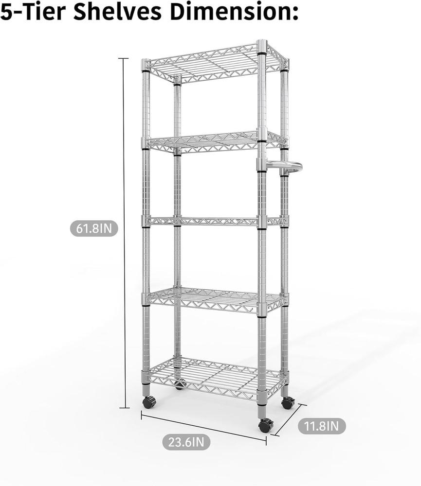 Storage Rack with Wheels, 5-Tier Adjustable Wire Mesh Rack Metal 61-Inch