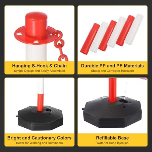 6Pcs Traffic Delineator Post Barrier with Fillable Base, 5ft Plastic Red/White