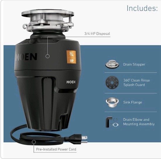 NEW MOEN Host Series 3/4-HP Continuous Feed Space Saving Garbage Disposal