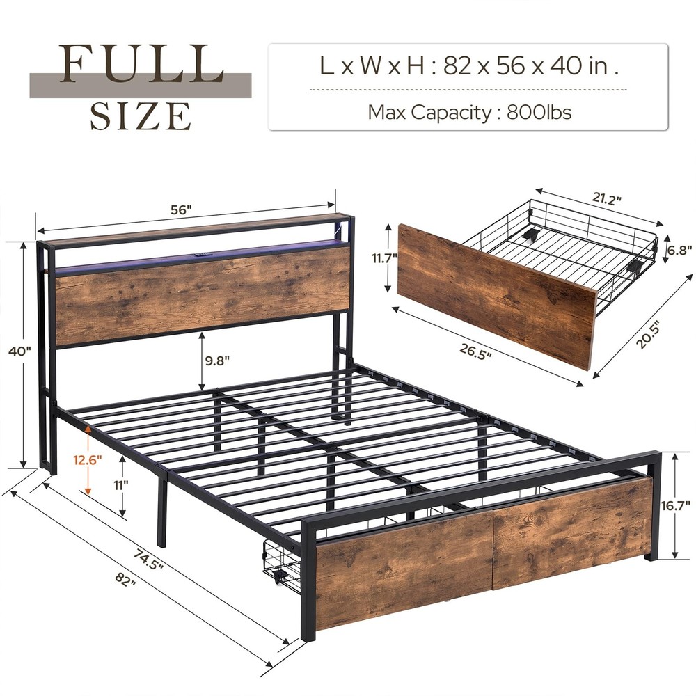 Full Bed Frame with Storage Drawers, Bed Frame Full Size with Headboard, LED ...