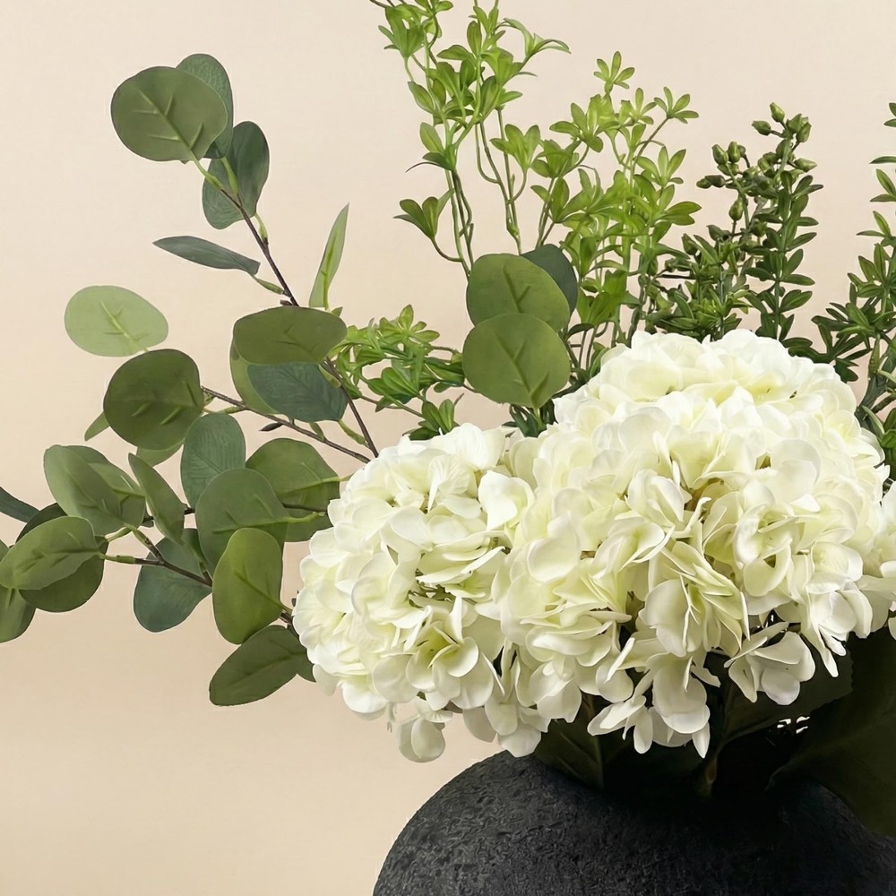 Faux Arrangement - Eucalyptus & White Hydrangea Flowers, Large Artificial Flo...