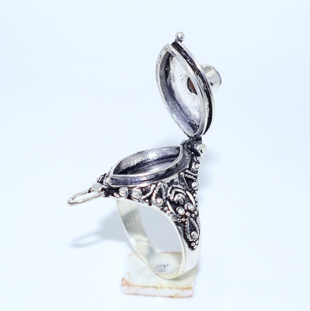 Aurora Opal Stone Poison Ring, 925 Silver Platted, Marquise Shape Ring