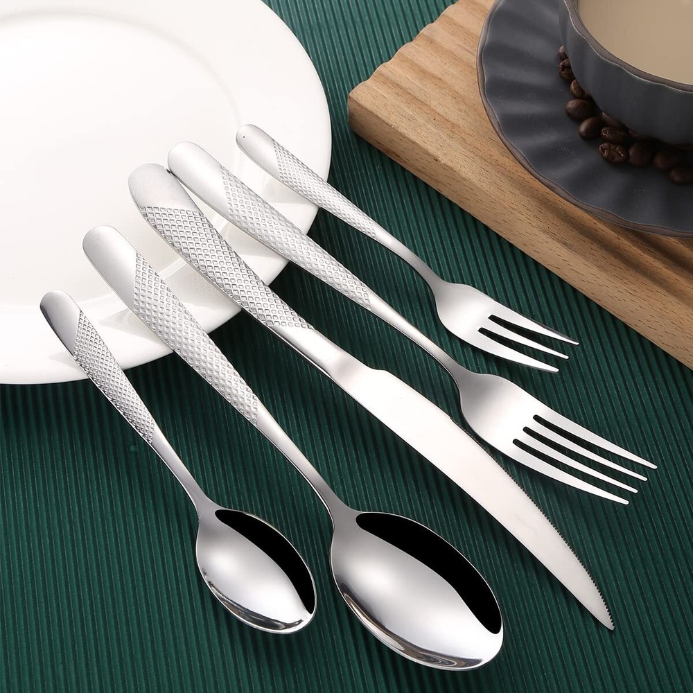 18-Piece Silver Hammered Silverware Set for 6 Stainless Steel Flatware