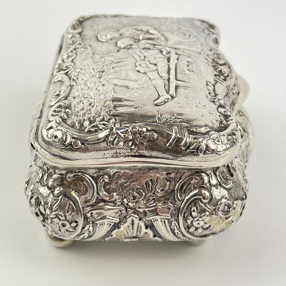 Antique Solid Silver Repousse Type Embossed Scene Trinket Box William Hutton 9cm